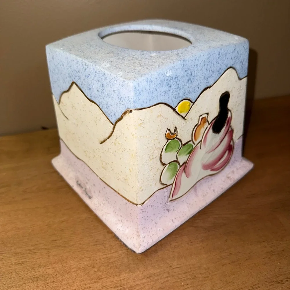 Nighoni Original Southwestern Ceramic Tissue Box Cover Desert Landscape Blue
